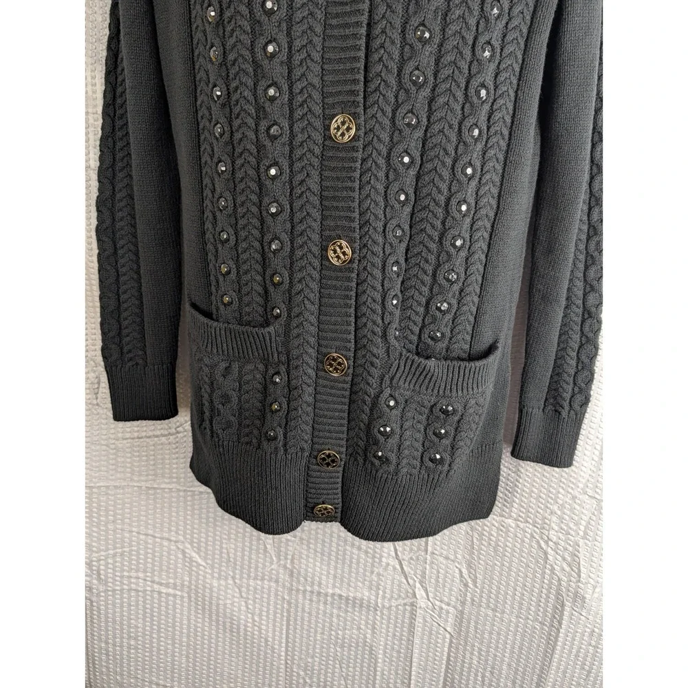 C Wonder Black Cable Knit Studded Cardigan Sweater XXS Gold Buttons Pockets - Picture 5 of 13